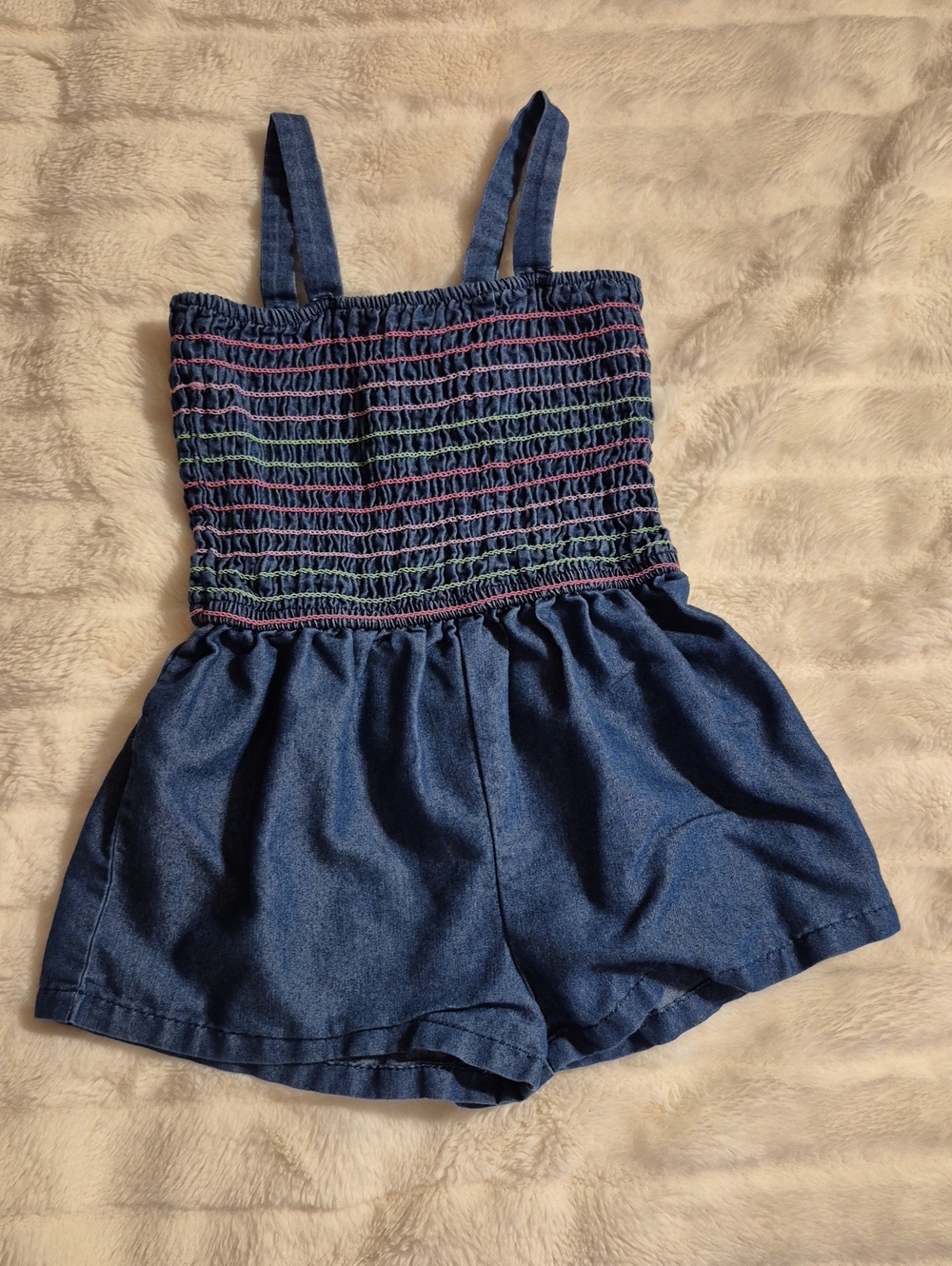 Picapino,Navy Smocked Denim Romper with Pink & Green Stitching